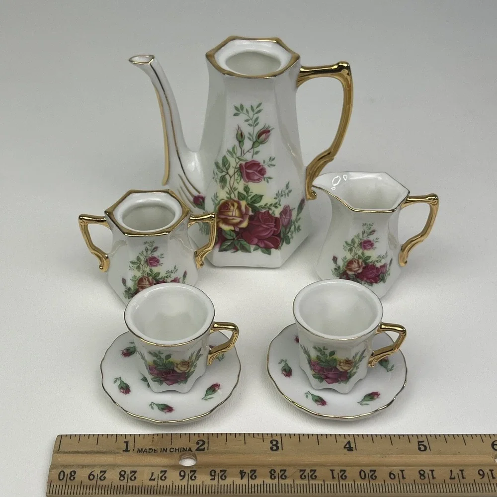 5‎ Piece Porcelain Miniature Tea Coffee Playset Floral Rose Gold Decorative Set
